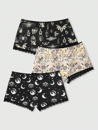 Grunge Punk 3pcs/Set Plus Size Women's Gothic Style Day/Moon/Stars/Skull/Magic Combined Lace & Flower Edge Panties