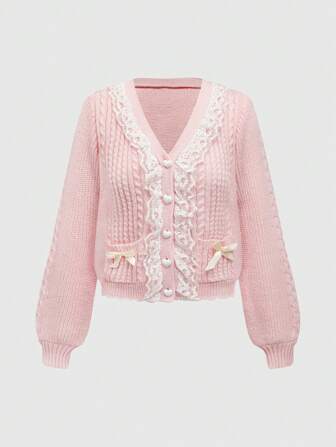 Kawaii Women's Himekaji Sweet Pink Lace Patchwork Bow Decor Button Front Cardigan, Suitable For Autumn