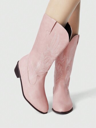 Fairycore Women's Pink Western Boots Pointy Toe Slip-On Embroidered Leather Cowgirl Boots, Rockabilly Punk Goth Riding Boots, Knee-High Boots