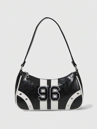Grunge Punk Fashionable Versatile Color Block Letter Patch Shoulder Bag