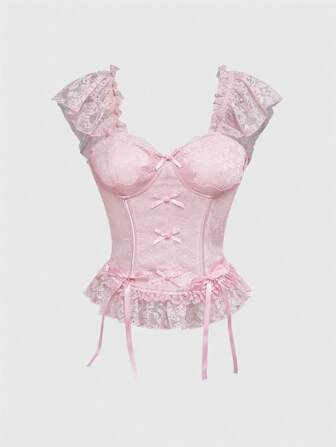 Kawaii Women's Vintage Lace Trim Bowknot Tank Top With Puff Sleeves, Dainty And Elegant