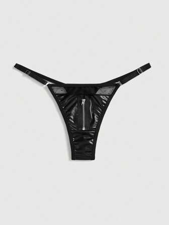 Grunge Punk Plus Size Dark Punk Faux Zipper Mesh & PU Thong