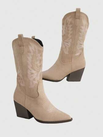 Fairycore Women's Retro V-Neck Pointed Toe Chunky Heel Embroidery Western Cowboy Boots, Slip-On Fashion Mid-Calf Boots For Outdoor Use Fall For Christmas And New Year Holiday Valentines Spring Shoes